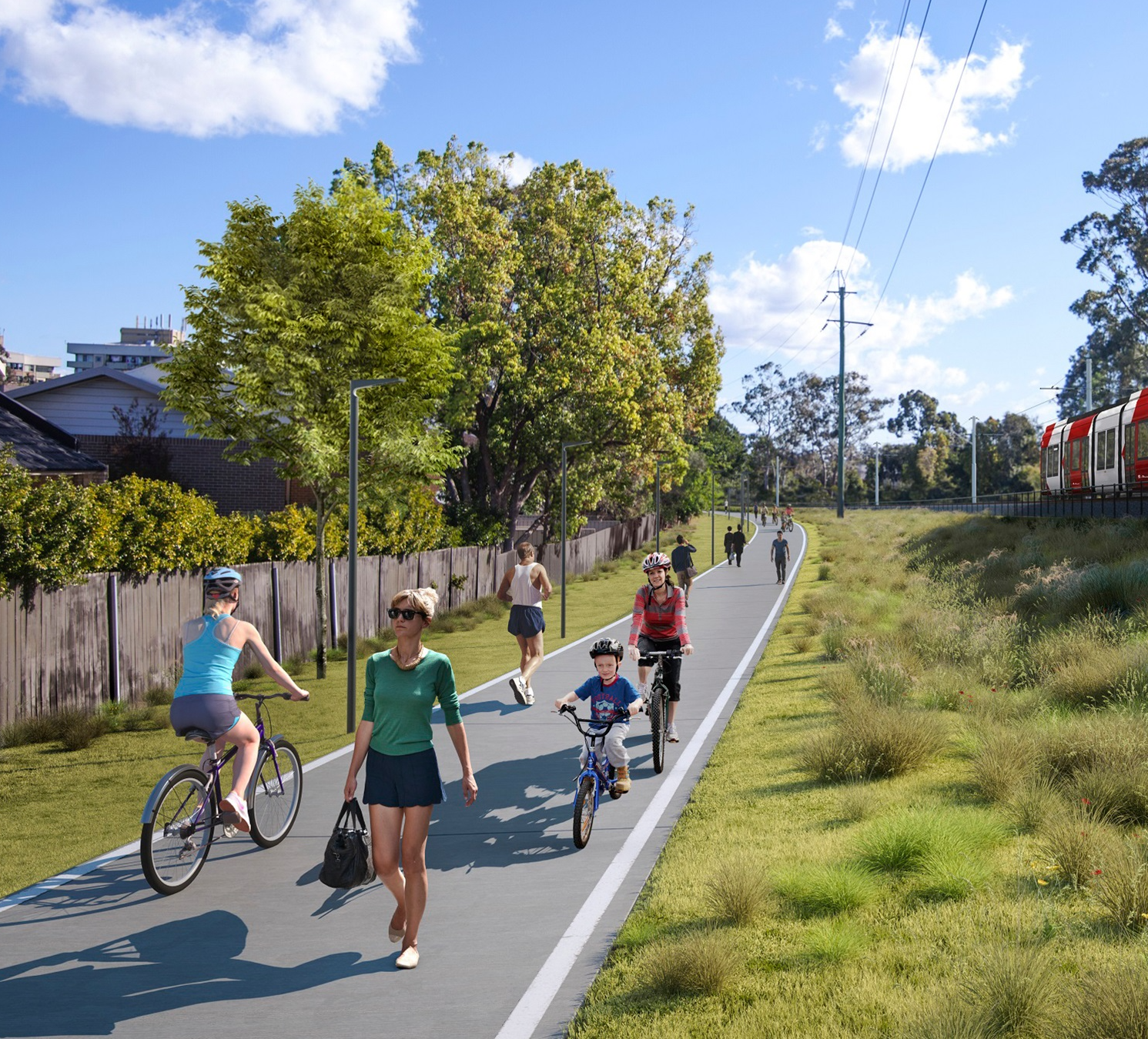 Render image of people biking and walking