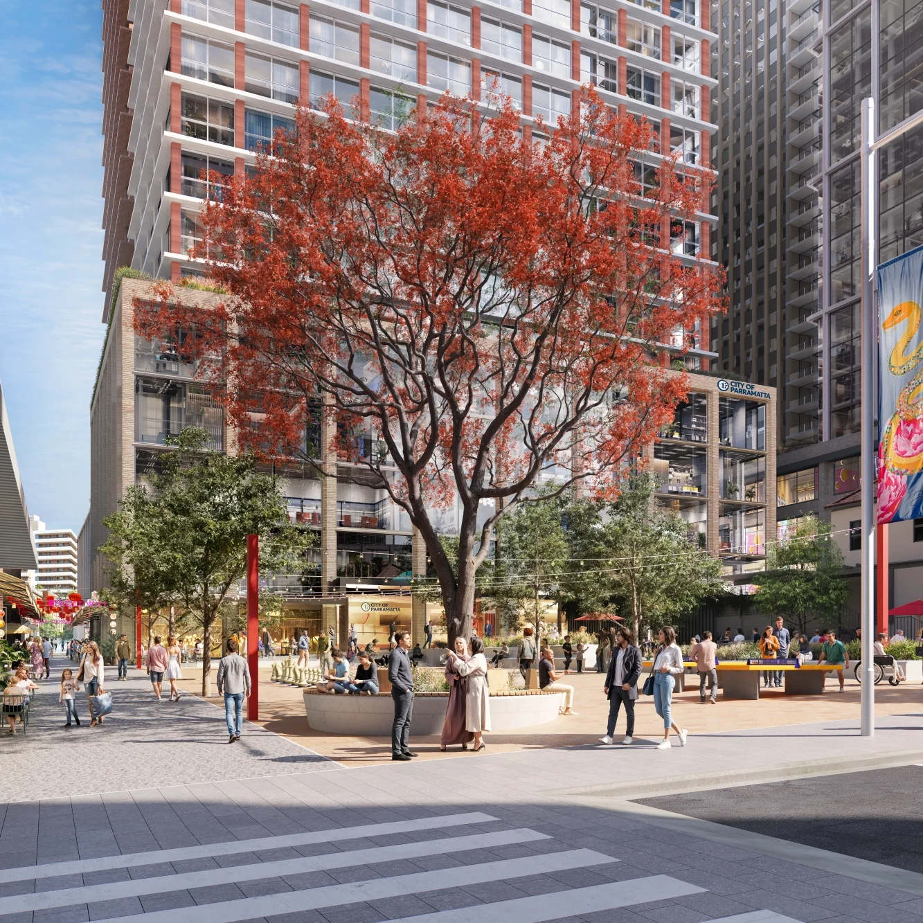 Artist impression of a public square with trees, outdoor seating and pedestrians, set among new mixed-use buildings in a city centre.