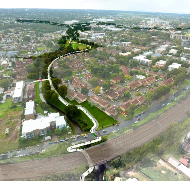 Aerial artist impression of a proposed walking and cycling trail along a creek, connecting parks and residential areas.