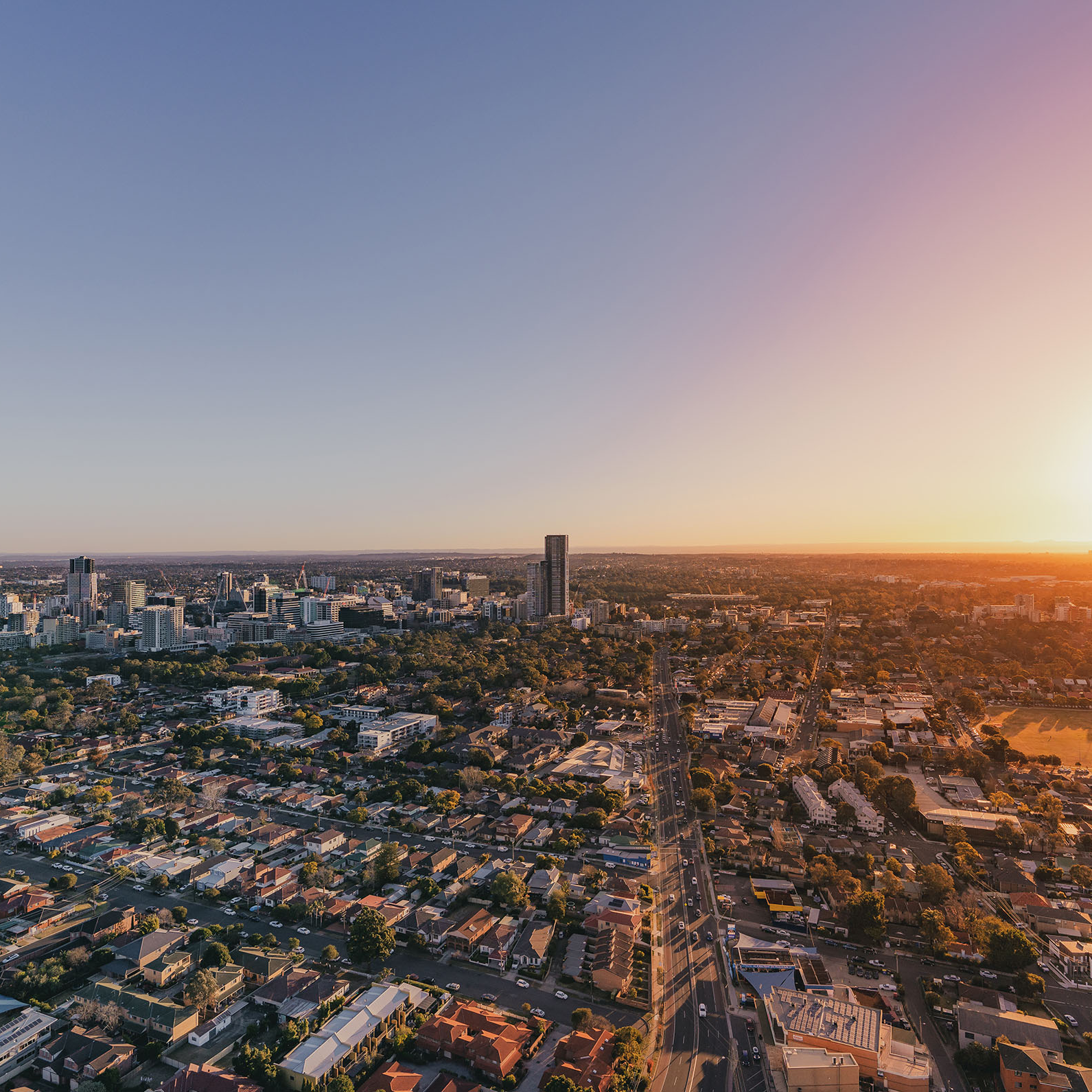 Aerial sunset view of Parramatta