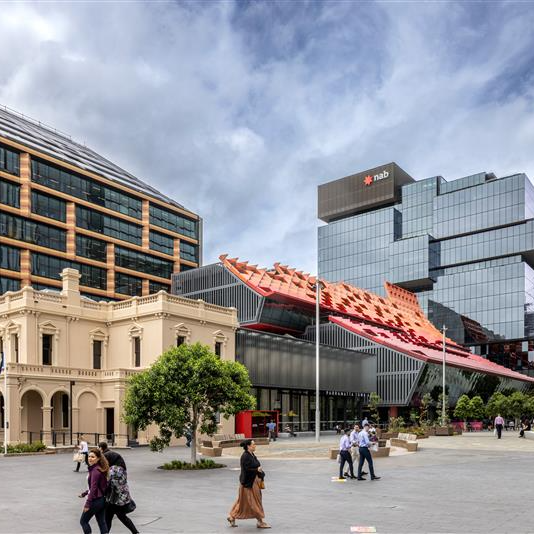 View of Parramatta Square, Parramatta Town Hall and PHIVE