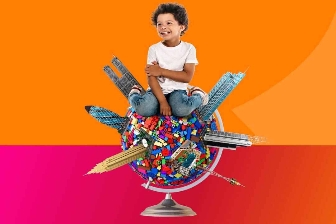 Child sitting on globe made of LEGO