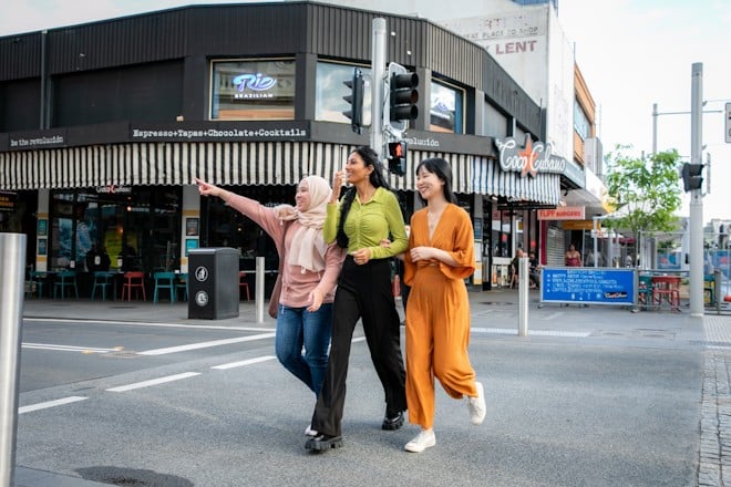 Three women walking along Church St in Parramatta