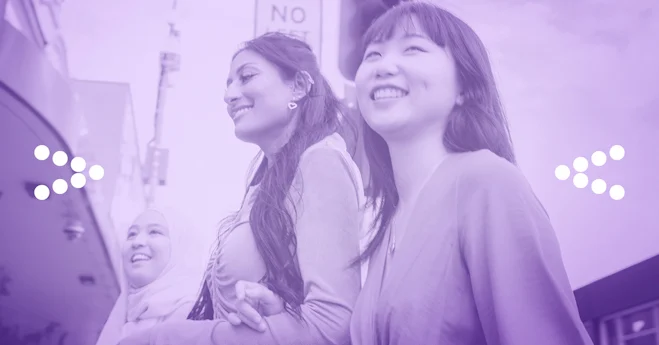 Three women with purple overlay to celebrate International Women's Day